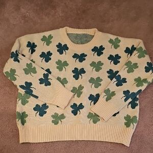 Cream Sweater with Green Clovers